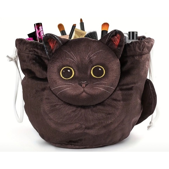Cat Shaped Drawstring Makeup Bag for Women  Black  Cat Design Cosmetic Bag New - Picture 1 of 4